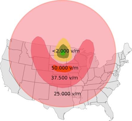 Map of range of EMP bomb across america